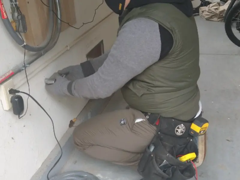 Electrician performing outlet wiring in a Hope Mills garage
